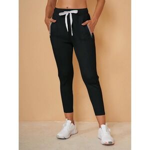 Black Joggers with Zipper Pockets, Drawstring‎ Waist, Casual Athleisure Pants
